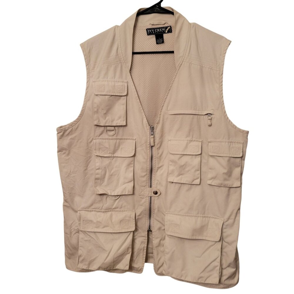 Ivy Crew Explorer Vest Pockets Utility Beige L‎ Fishing Hunting Outdoors